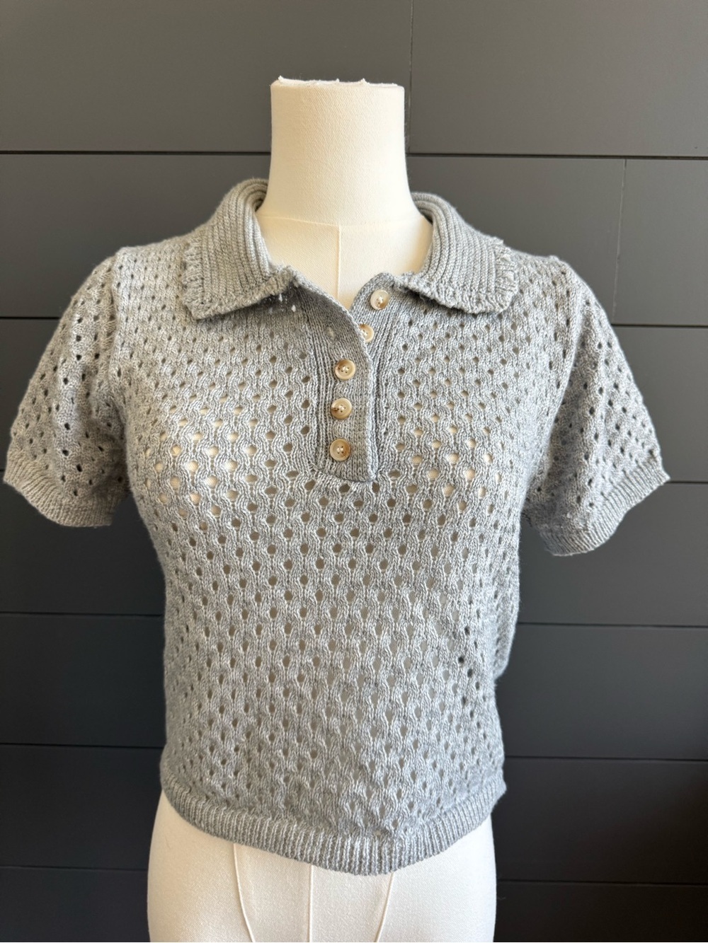 Lizette Collection Anthropologie Knit Polo Crop Top Sweater Gray Crochete Preppy